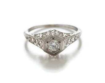 Vintage Art Deco Engagement Ring Stunning Filigree Styled Mounting 14kt White Gold .20 Carat Very Clean White Sparkly VS Diamond US Size 6