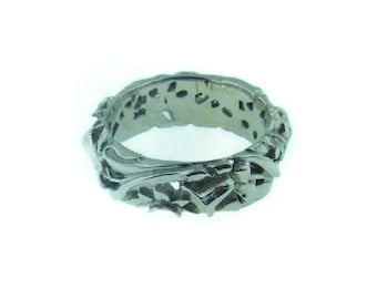 Brede Art Deco gesneden bloemen en bel, zwaar gegraveerd, 14 kt witgouden trouwring of trouwring, 6 mm breed en 2,5 mm hoog, Amerikaanse maat 6