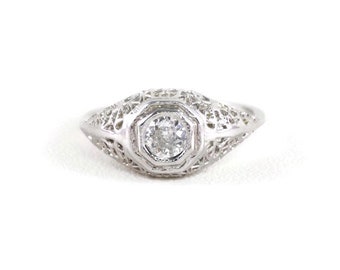 Vintage Engagement Ring Solitaire Art Deco Filigree Styled 14 kt White Gold .20 Ct. Very Nice Diamond Size 6.75