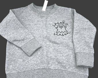 Kids Embroidered Pocket Spooky Season Ghost Sweatshirt – Halloween Tee – Cozy Fall Embroidery Shirt Embroidered pocket Ghost