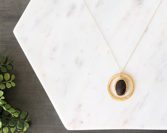 Natürlicher brauner Achat Edelstein mit Vintage Gold Kreis 14K Gold Fill Halskette | Geschenk für sie | Zierliche Goldkette