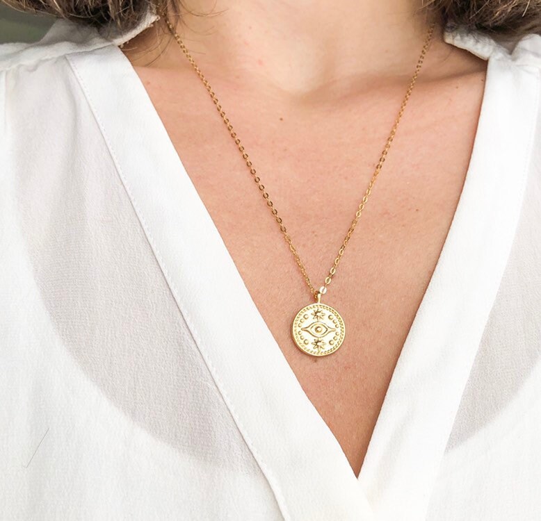 Evil Eye Coin Gold Necklace 14K Gold Fill Necklace Gift for - Etsy