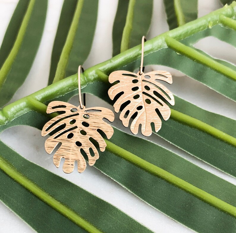 Monstera Leaf Brass Earrings 14K Gold Fill Ear Wire Gift for Her Trendy Earrings Handmade Earrings Valentine's Day Gift for her image 7