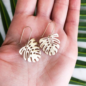 Monstera Leaf Brass Earrings 14K Gold Fill Ear Wire Gift for Her Trendy Earrings Handmade Earrings Valentine's Day Gift for her image 3