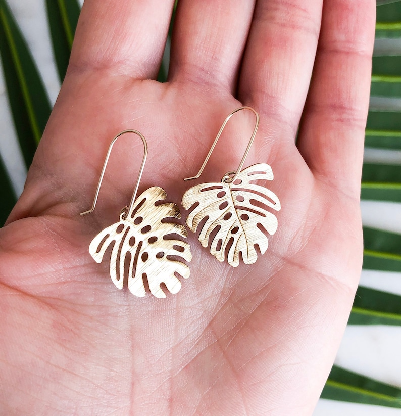Monstera Leaf Brass Earrings 14K Gold Fill Ear Wire Gift for Her Trendy Earrings Handmade Earrings Valentine's Day Gift for her image 3