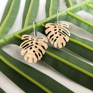 Monstera Leaf Brass Earrings 14K Gold Fill Ear Wire Gift for Her Trendy Earrings Handmade Earrings Valentine's Day Gift for her image 6