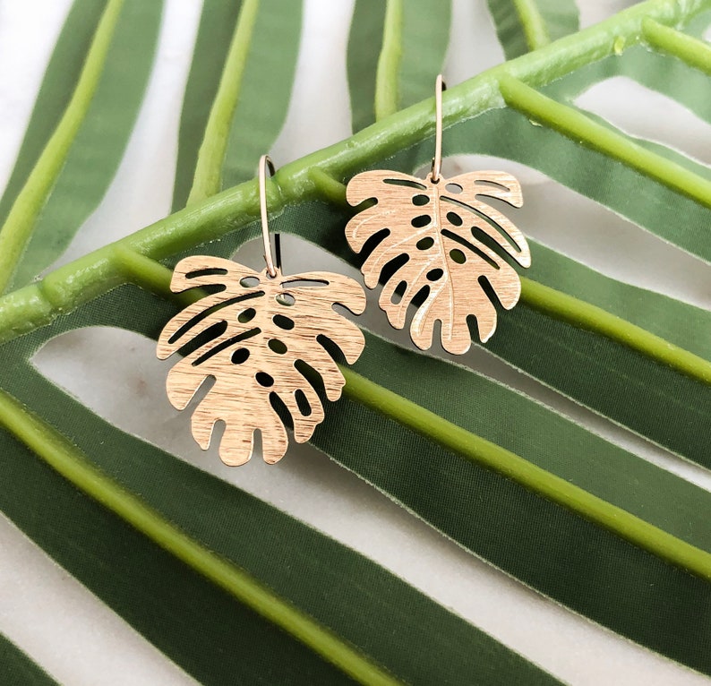 Monstera Leaf Brass Earrings 14K Gold Fill Ear Wire Gift for Her Trendy Earrings Handmade Earrings Valentine's Day Gift for her image 6