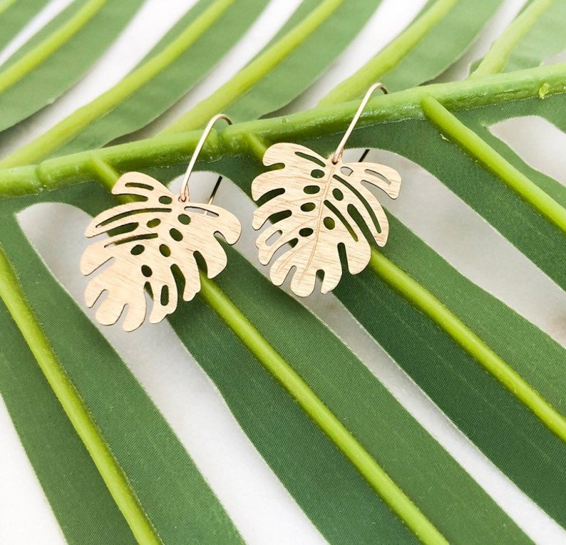 Monstera Leaf Brass Earrings 14K Gold Fill Ear Wire Gift for Her Trendy Earrings Handmade Earrings Valentine's Day Gift for her image 8