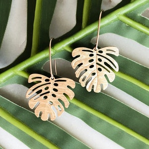 Monstera Leaf Brass Earrings 14K Gold Fill Ear Wire Gift for Her Trendy Earrings Handmade Earrings Valentine's Day Gift for her image 2