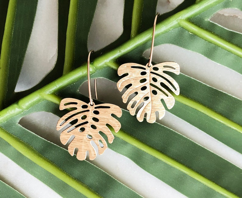 Monstera Leaf Brass Earrings 14K Gold Fill Ear Wire Gift for Her Trendy Earrings Handmade Earrings Valentine's Day Gift for her image 2