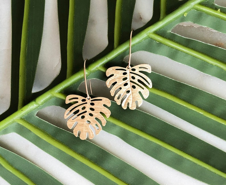 Monstera Leaf Brass Earrings 14K Gold Fill Ear Wire Gift for Her Trendy Earrings Handmade Earrings Valentine's Day Gift for her image 4