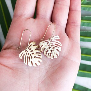 Monstera Leaf Brass Earrings 14K Gold Fill Ear Wire Gift for Her Trendy Earrings Handmade Earrings Valentine's Day Gift for her image 1