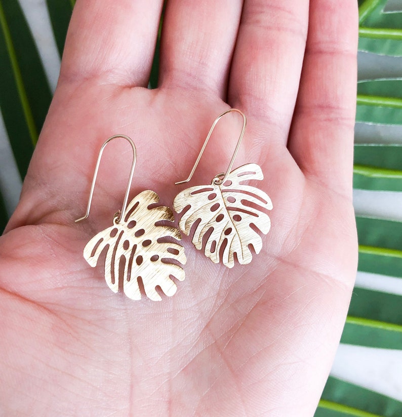 Monstera Leaf Brass Earrings 14K Gold Fill Ear Wire Gift for Her Trendy Earrings Handmade Earrings Valentine's Day Gift for her image 1