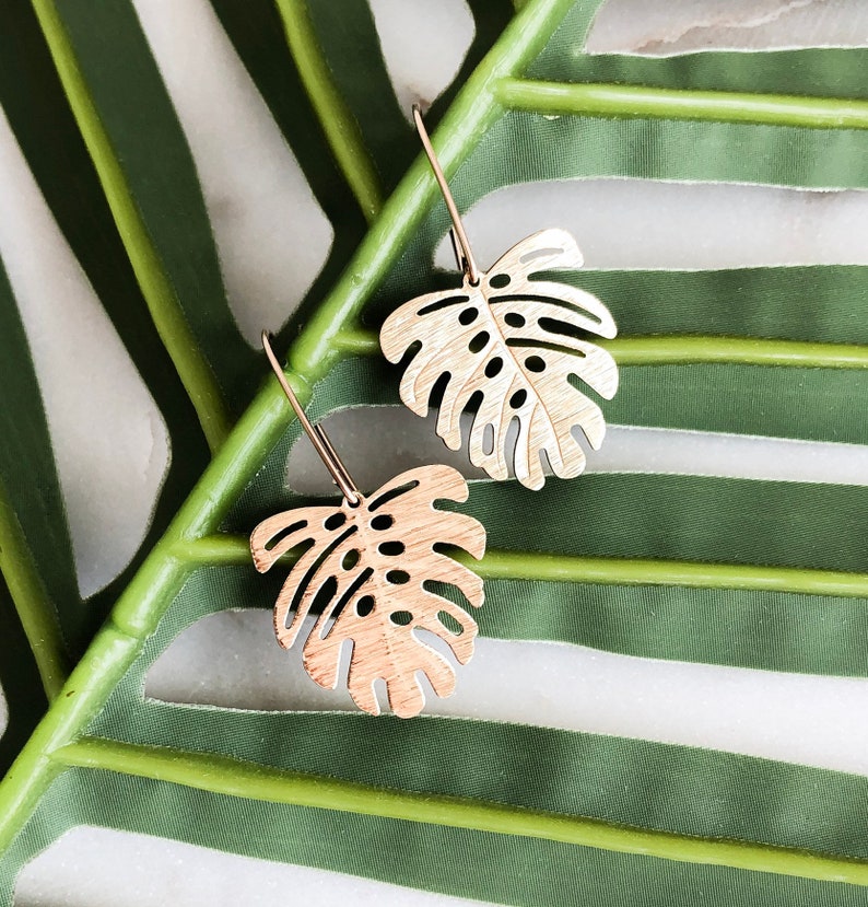 Monstera Leaf Brass Earrings 14K Gold Fill Ear Wire Gift for Her Trendy Earrings Handmade Earrings Valentine's Day Gift for her image 5