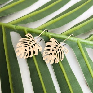 Monstera Leaf Brass Earrings 14K Gold Fill Ear Wire Gift for Her Trendy Earrings Handmade Earrings Valentine's Day Gift for her image 9