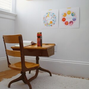 Peut inclure: Un bureau en bois vintage avec un plateau brun et des pieds en m&eacute;tal. Une chaise jaune avec une assise et un dossier en bois est tir&eacute;e vers le bureau. Une bo&icirc;te de crayons de couleur est pos&eacute;e sur le bureau. Deux affiches color&eacute;es sont accroch&eacute;es au mur derri&egrave;re le bureau. Les affiches portent sur l'ann&eacute;e et la semaine.