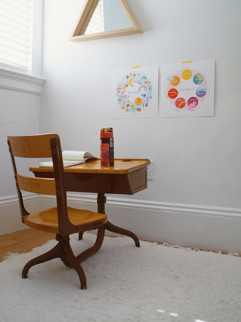 Peut inclure: Un bureau en bois vintage avec un plateau brun et des pieds en m&eacute;tal. Une chaise jaune avec une assise et un dossier en bois est tir&eacute;e vers le bureau. Une bo&icirc;te de crayons de couleur est pos&eacute;e sur le bureau. Deux affiches color&eacute;es sont accroch&eacute;es au mur derri&egrave;re le bureau. Les affiches portent sur l'ann&eacute;e et la semaine.