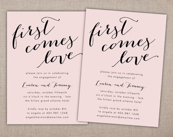First Comes Love, Engagement Party, Dinner, Celebration, Printable Invitation, Celebration, Wedding, Pink, The Night Before, Bombshell Font