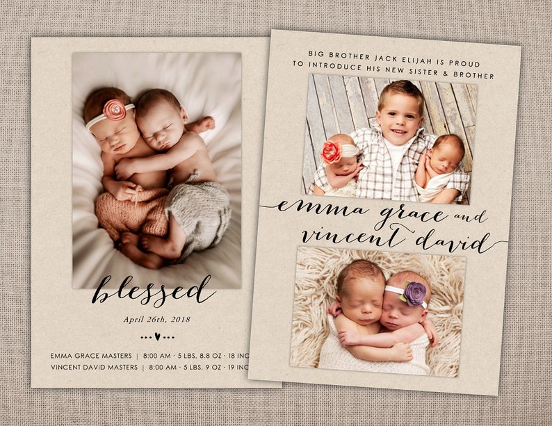 TWINS BIRTH ANNOUNCEMENT Printable Birth Photo Card Sibling Etsy