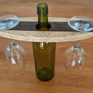 Hardwood Wine Butler Wood Wine Caddy Holds Two Wine Glasses on Wine Bottle image 1