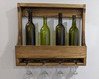 Wood Wine Rack - Hanging Wine Bottle Shelf with Wine Glass Holders - Four Bottle and Four Glass Capacity - Dark Brown Stained Wood Finish