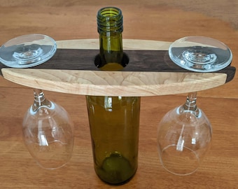 Hardwood Wine Butler - Wood Wine Caddy - Holds Two Wine Glasses on Wine Bottle