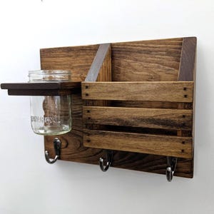 Wall Organizer - Key Hanger, Mail Holder, Mason Jar - Entryway Storage Decor - Stained Early American