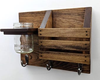 Wall Organizer - Key Hanger, Mail Holder, Mason Jar - Entryway Storage Decor - Stained Early American