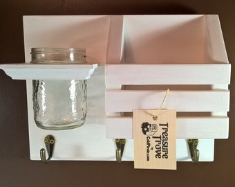 Wall Organizer - Key Hanger, Mail Holder, Mason Jar - Entryway Storage Decor - White