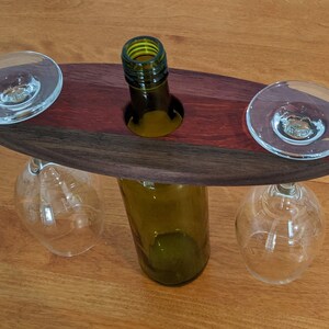 Hardwood Wine Butler Wood Wine Caddy Holds Two Wine Glasses on Wine Bottle image 3