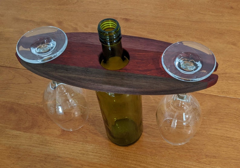 Hardwood Wine Butler Wood Wine Caddy Holds Two Wine Glasses on Wine Bottle image 3