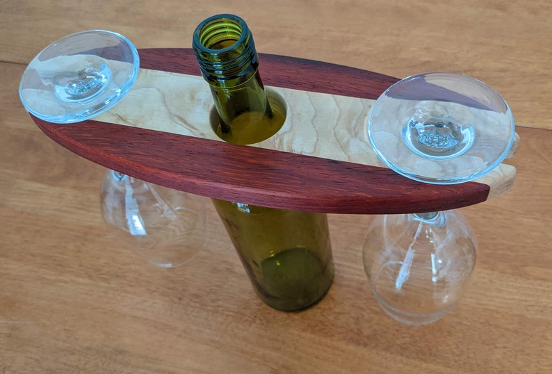 Hardwood Wine Butler Wood Wine Caddy Holds Two Wine Glasses on Wine Bottle image 2