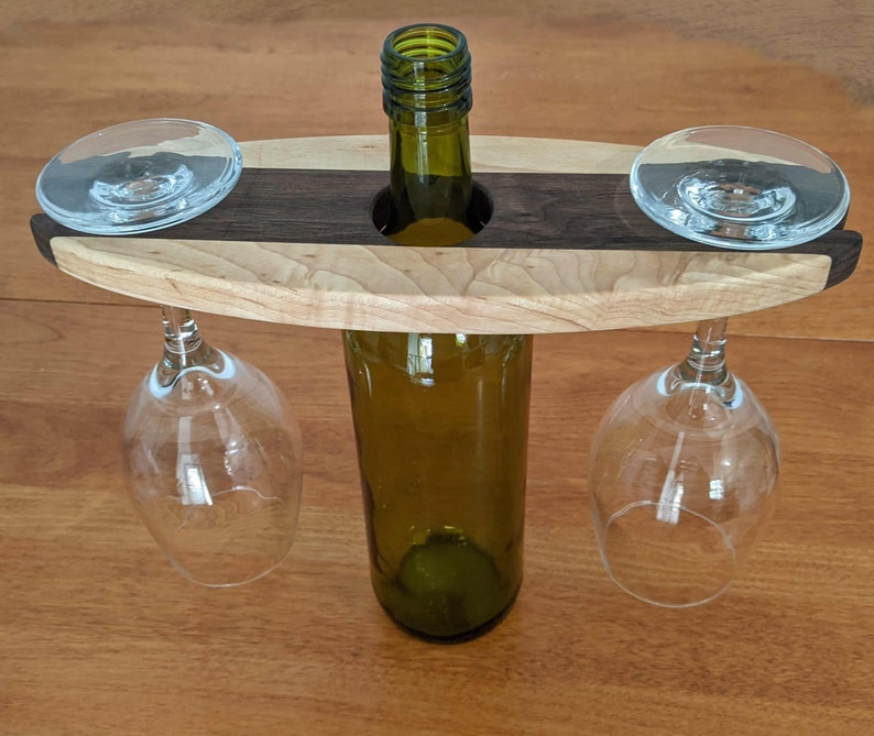 Hardwood Wine Butler Wood Wine Caddy Holds Two Wine Glasses on Wine Bottle image 1