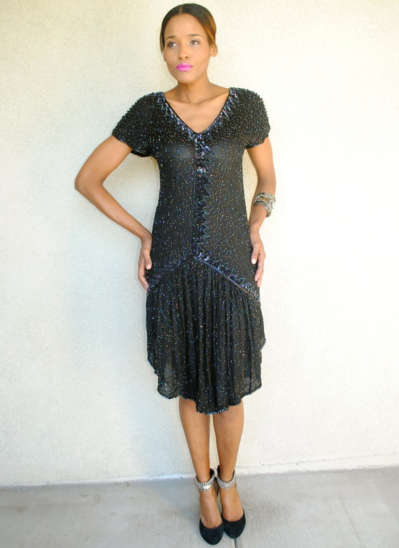 vintage black sequin party dress. size small. bla… - image 5