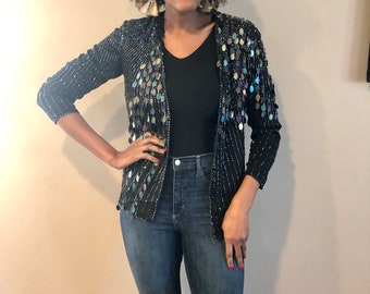 vintage sequin jacket | PEACOCK FEATHER MOTIF | black open front duster beaded jacket with pailettes | size medium