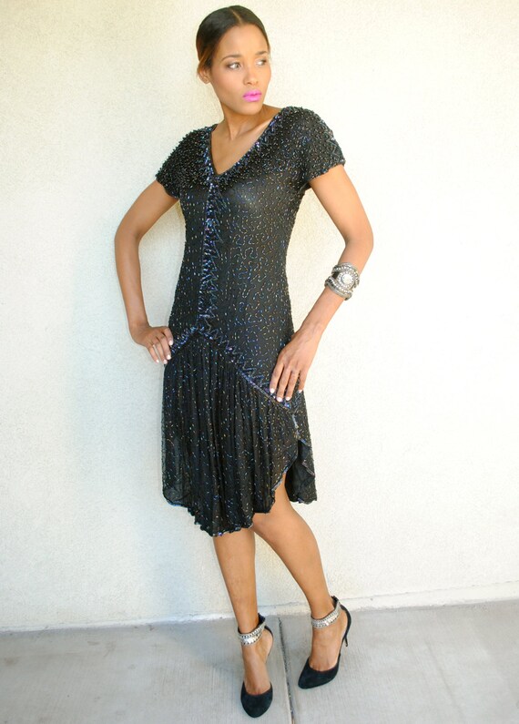 vintage black sequin party dress. size small. bla… - image 2