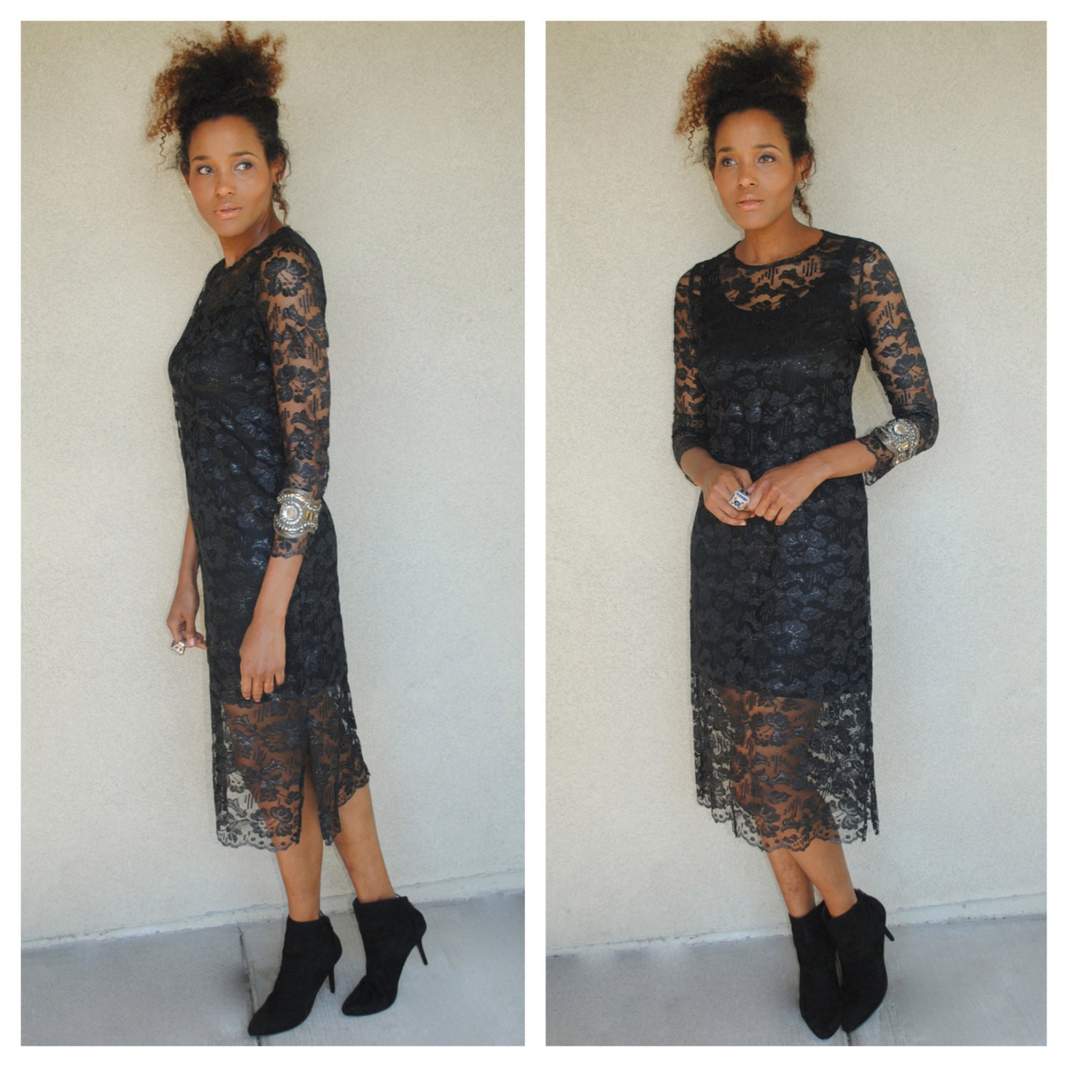Vintage Black Lace Midi Cocktail Dress 