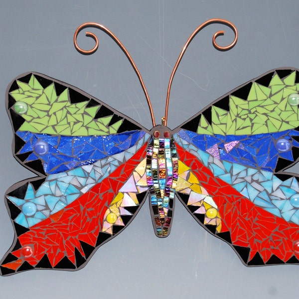 mosaic butterfly made with stained glass on wood surface .FREE shipping