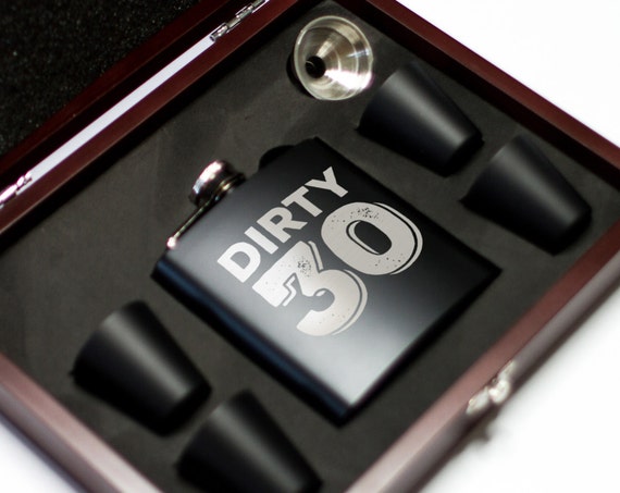 Dirty Thirty Gift - Flask Set in Wooden Gift Box | Dirty 30 Flask | 30th Birthday Gift | Metal Flask | Fun Birthday Party Gift | #FSKSET063
