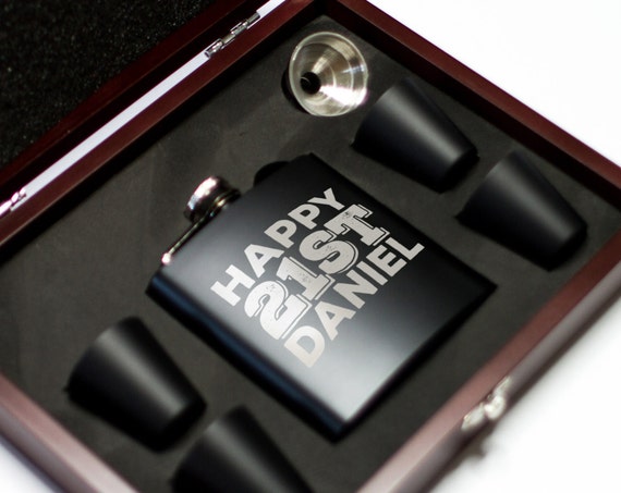 21st Birthday Gift - Flask Set in Wooden Gift Box | Personalized 21st Birthday Flask | 21 Year Old Gift | Fun Birthday Gift | #FSKSET064