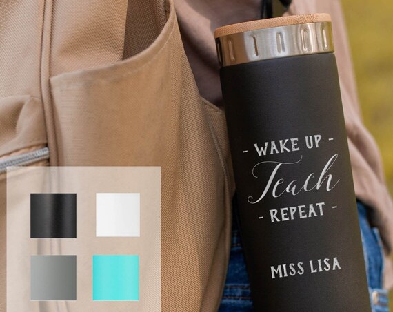 Custom Water Bottle for Teachers, Stainless Steel 20oz Bottle | Elemental Iconic Insulated Bottes | Best Gift | Wake up Teach Repeat