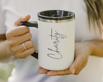 Personalized 16oz Insulated Stainless Steel Mugs with Handle | Laser Engrave Custom Name & Text  | Triple-Walled Copper Insulated Camp Mug