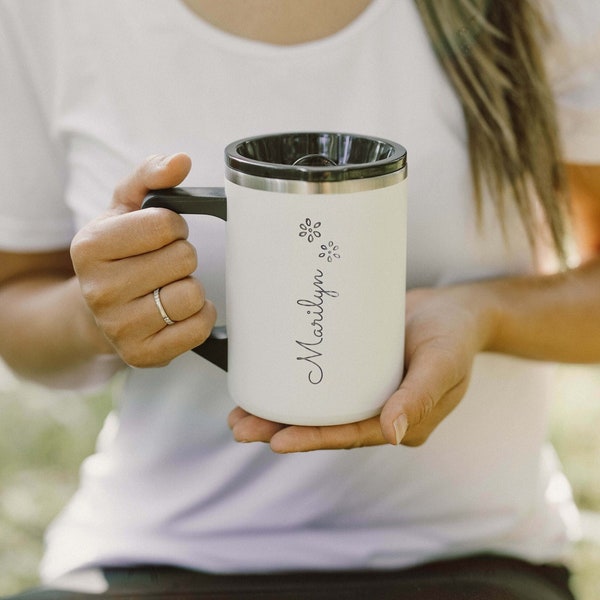 Personalized 16oz Name Initials Stainless Steel Coffee Cup with Handle | Custom Statement Mug | Personalized Retirement Gift  | Holiday Gift