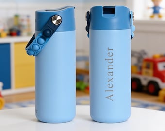 Cute Personalized Water Bottle with Fidget Pop-it Handle | Custom Name tumbler for Back to School | Daycare Kids BPA-Free, Leak-Proof Bottle