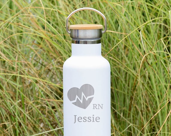 Custom Engraved Heartbeat RN Design with Personalized Name on Insulated Stainless Steel Water Bottle 25oz | Registered Nurse Gifts | Nurses