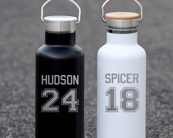 Sport Number and Name on Stainless Steel Water Bottle 25oz | Personalized Athlete Gifts | High School Sports | Soccer, Football, Baseball