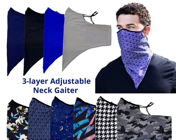 Adjustable Ear Loops Patterned Neck Gaiter Mask With 3 Layers of Fabric and Filter Pocket, Nose Contour, Cooling Moisture Wicking, Unisex