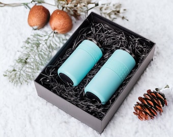 Personalized Coffee Tumbler Gift Set with Ceramic Lid | Insulated 12oz and 16oz with Gift Box | Engraving Custom Names and Company Logo