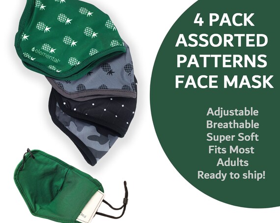 Variety Pack of Adjustable Face Masks - Moisture Wicking Masks with Filter Pocket | Black Camo - Pineapple - Polka Dots | Comfortable Fit