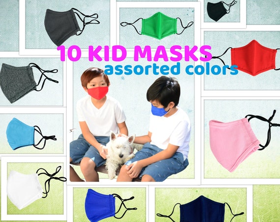 10-Pack Kid Masks, Breathable Washable Reusable with Adjustable Ear Loops, Filter Pocket, Comfortable 3D Fit, Anti-Fog - In Stock